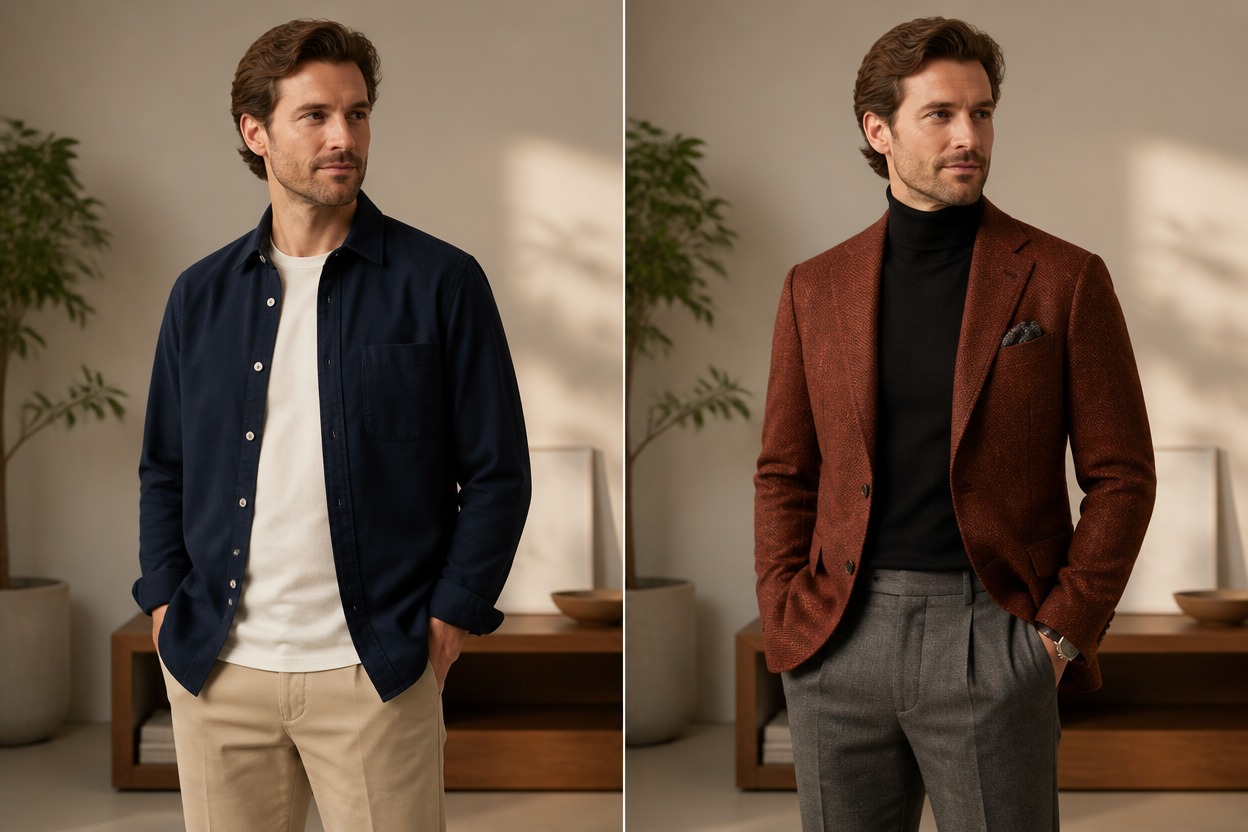 Comparación de moda horizontal de antes y después sin palabras: el mismo hombre adulto ficticio de 34 años en ambas mitades, el de la izquierda viste una sobrecamisa azul marino informal y chinos en tono beige, el de la derecha viste un
