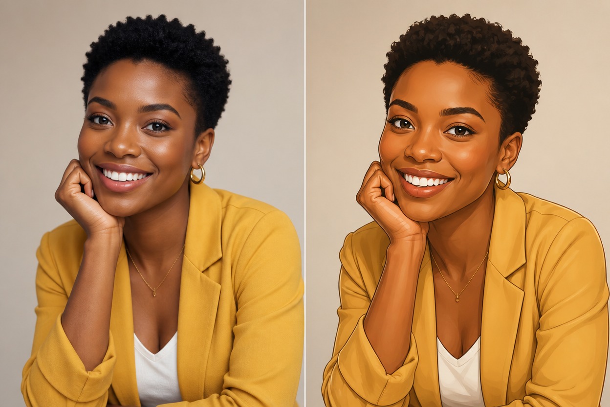 Horizontal before-and-after portrait comparison without words: same fictional adult dark-skinned woman in both halves, left realistic portrait with short natural hair yellow jacket