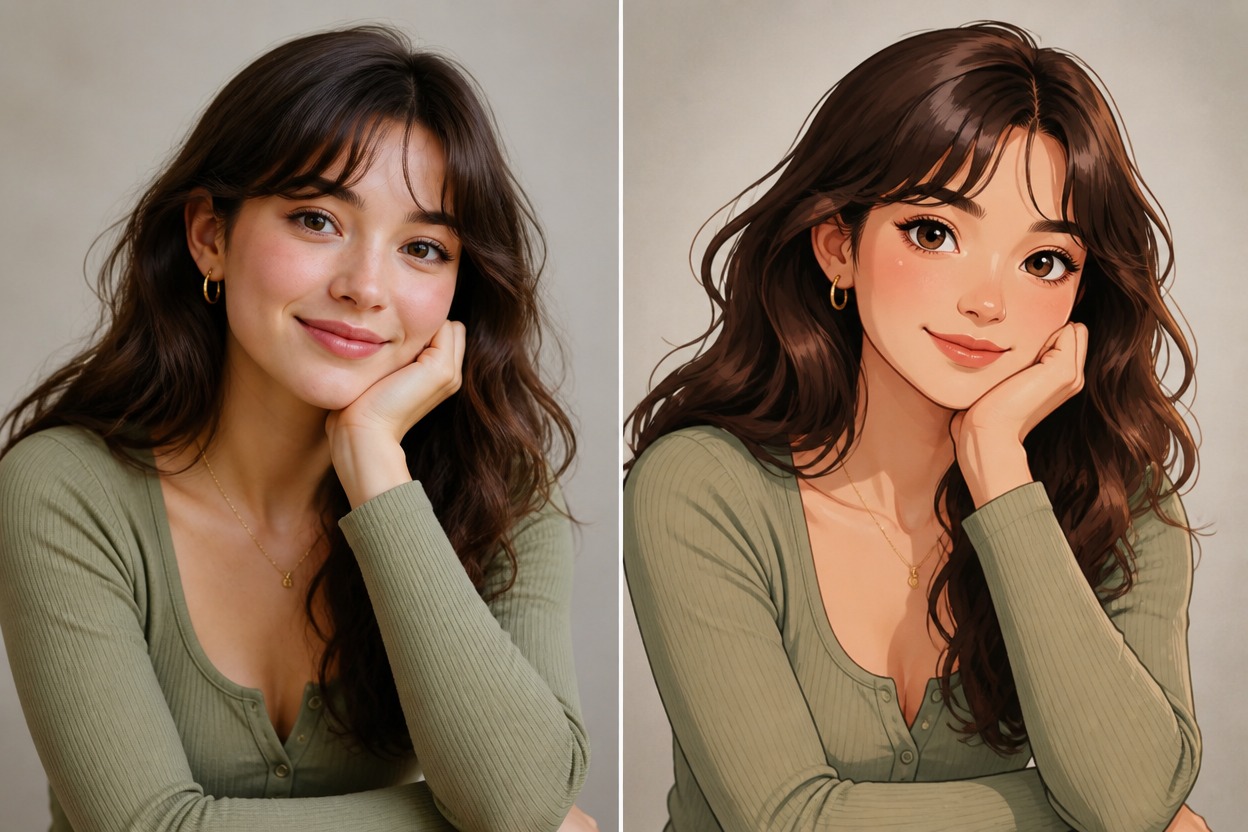 Wide source-result comparison without labels: same fictional adult woman with auburn bob haircut and green scarf in both halves, left clean realistic portrait, right cheerful hand-