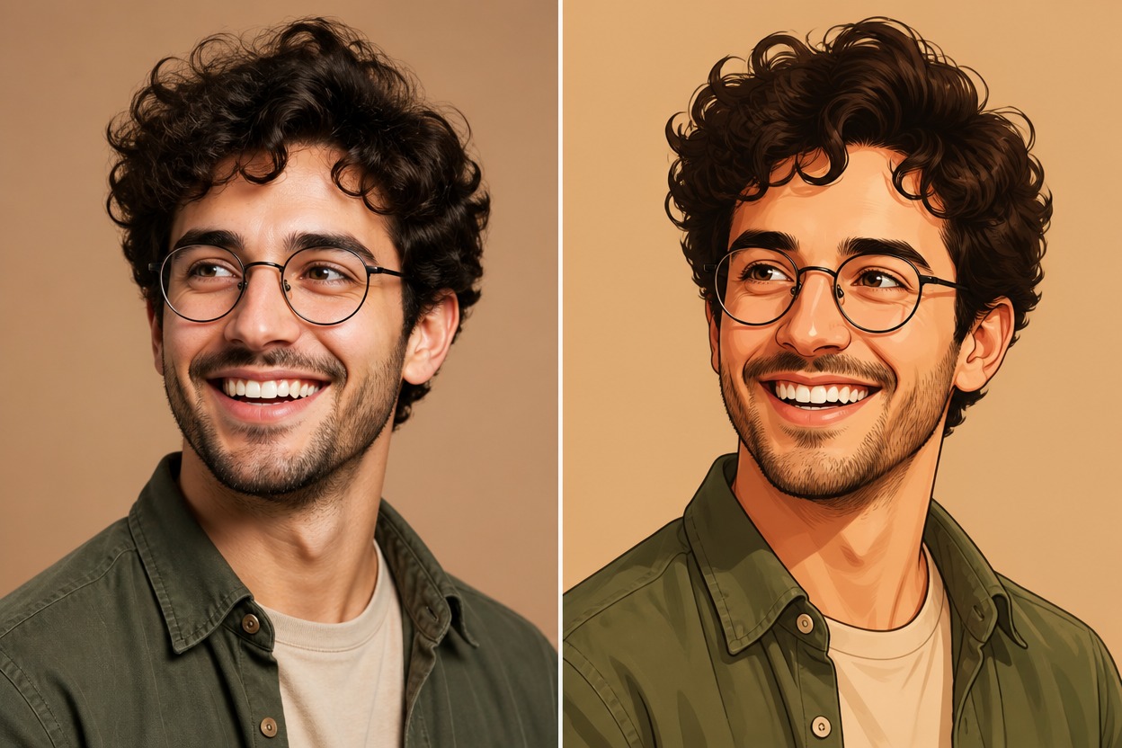Wide horizontal source-left result-right comparison without labels: same fictional adult man in both halves, left realistic head-and-shoulders portrait with round glasses curly dar