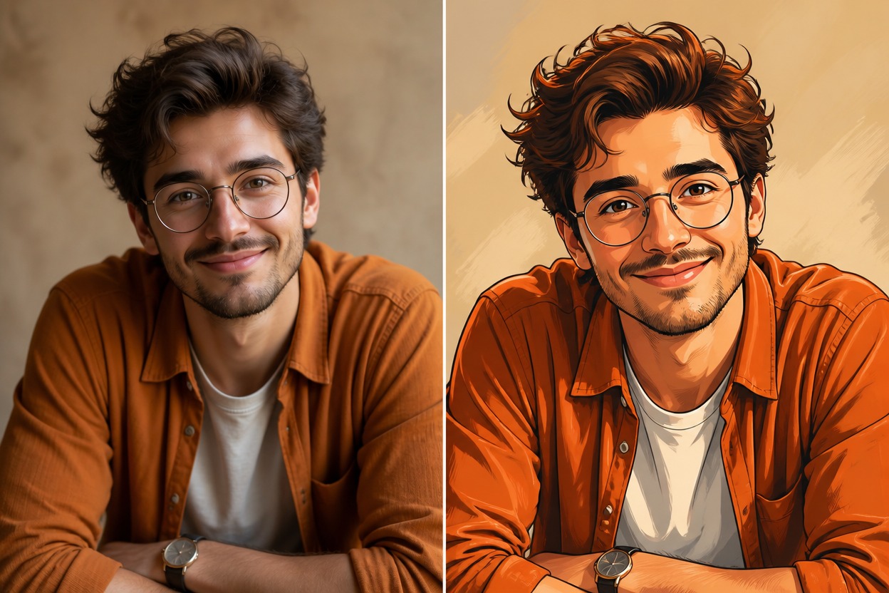 Wide horizontal source-left result-right comparison without labels: same fictional adult man in both halves, left realistic head-and-shoulders portrait with round glasses curly dar